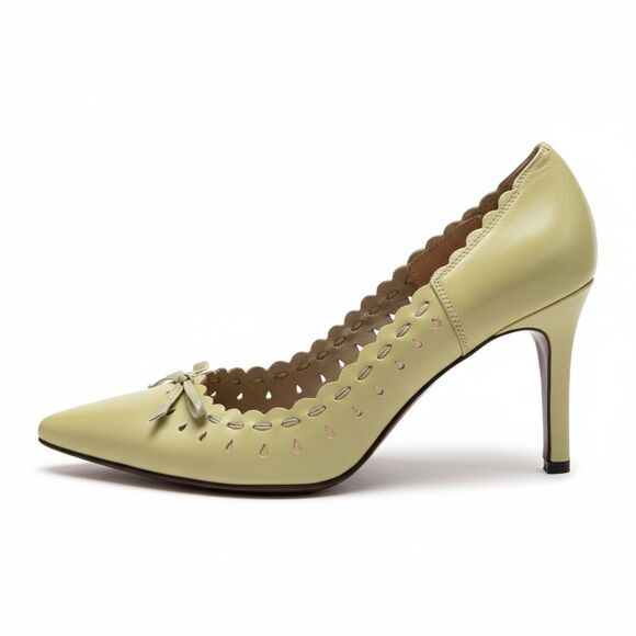 ANN TAYLOR Pistachio Green Leather Scallop Bow Pumps Stiletto Heels 5 Italy Made - Picture 1 of 16
